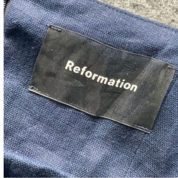 NEW Reformation 100% Linen Ellen Dress Dark Navy Lace Bodice Midi with Pockets - Picture 7 of 9